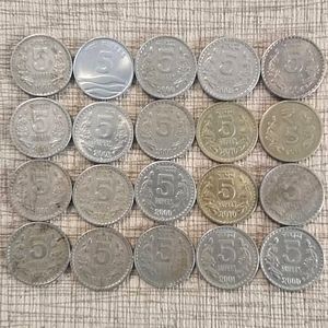 Indian 5 Rupee Coins lot around year 2000s - 20 coins